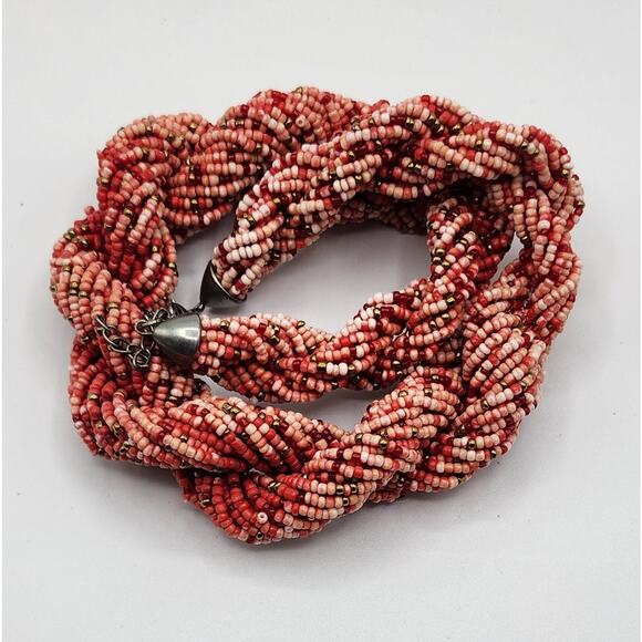 Vintage Twisted Glass Seed Bead Necklace in Mauve Rose Variegated Thick & Chunky - Picture 6 of 8